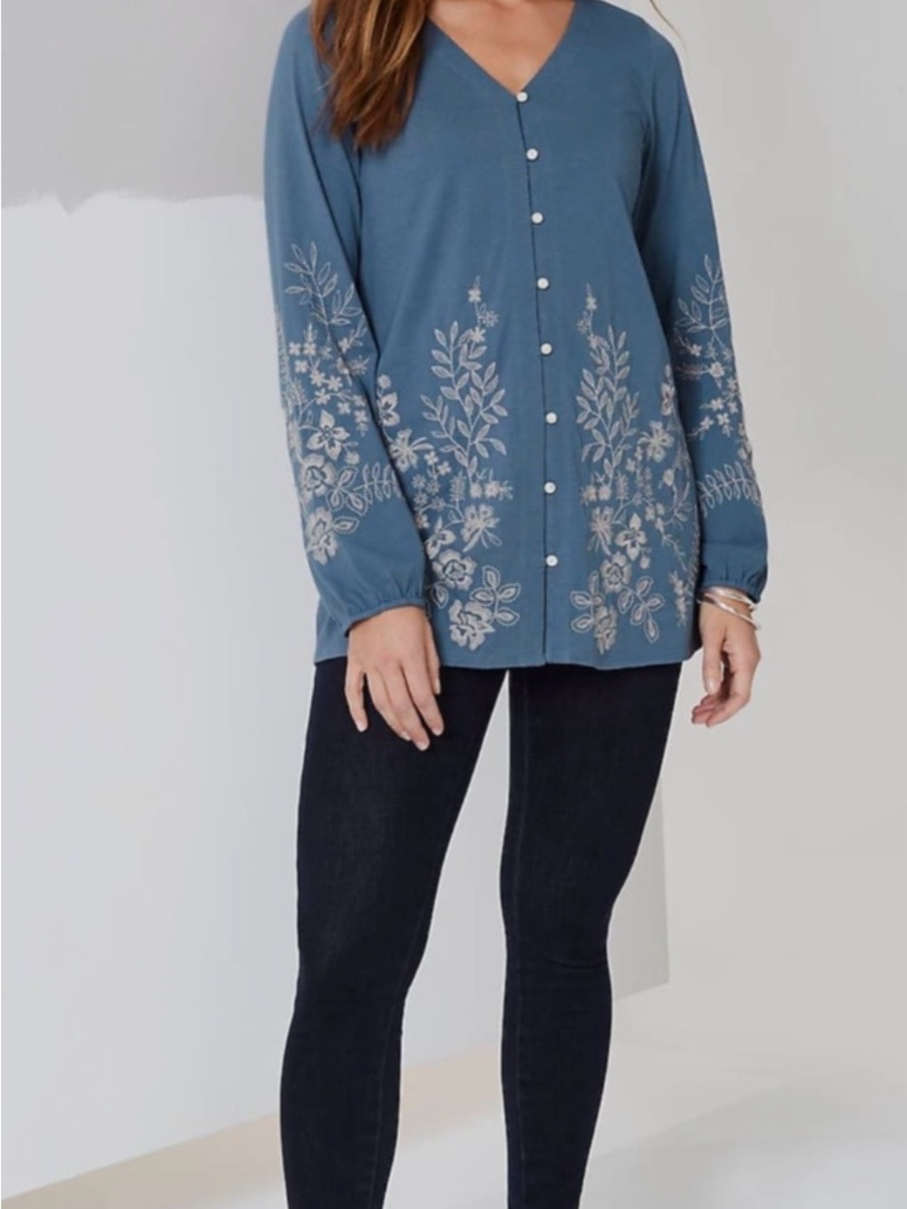 J. Jill Blue Button-Front Top with Cream Floral Embroidery - Picture 2 of 9